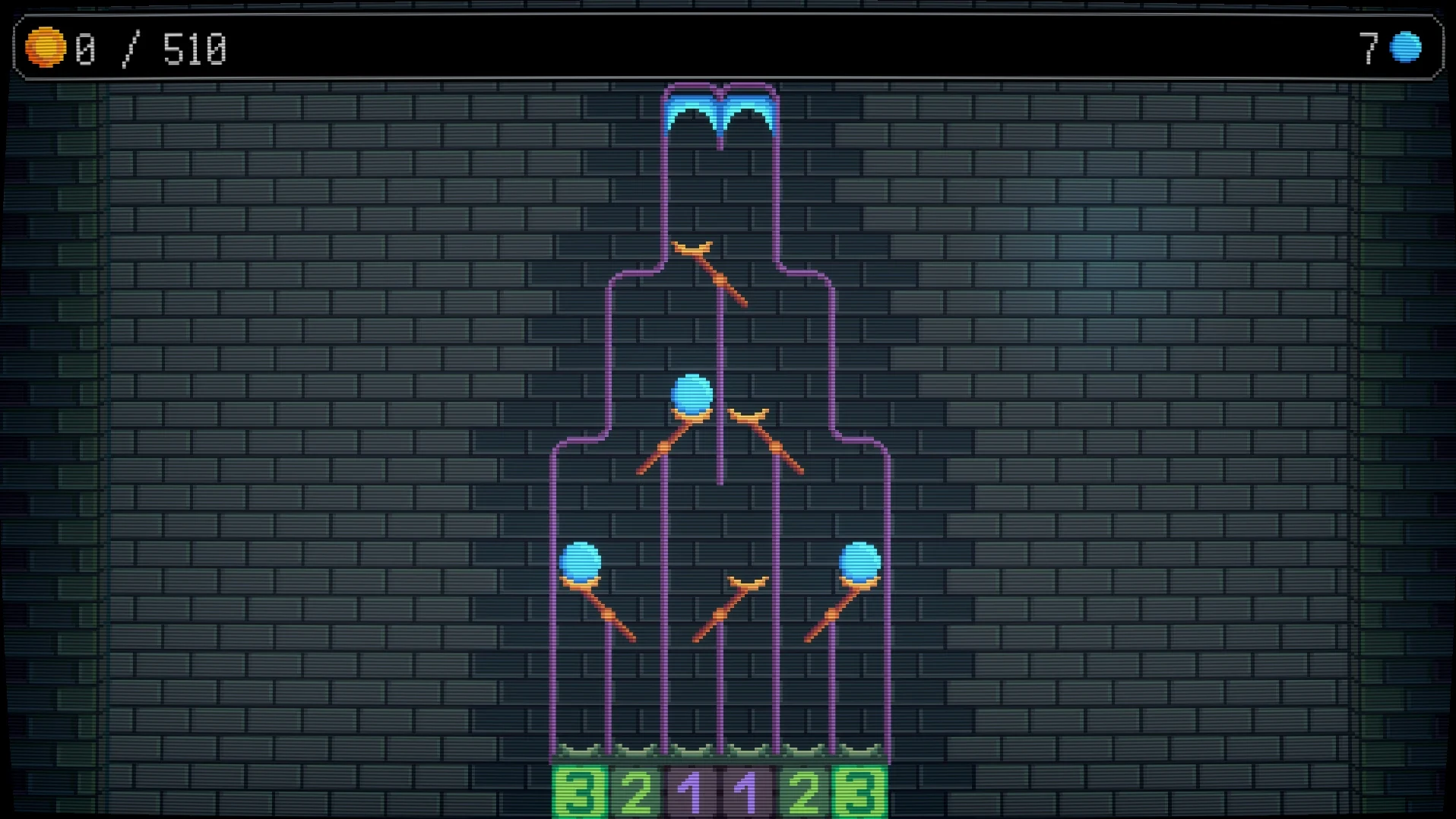 A pyramid level with flippers holding blue balls above collectors
