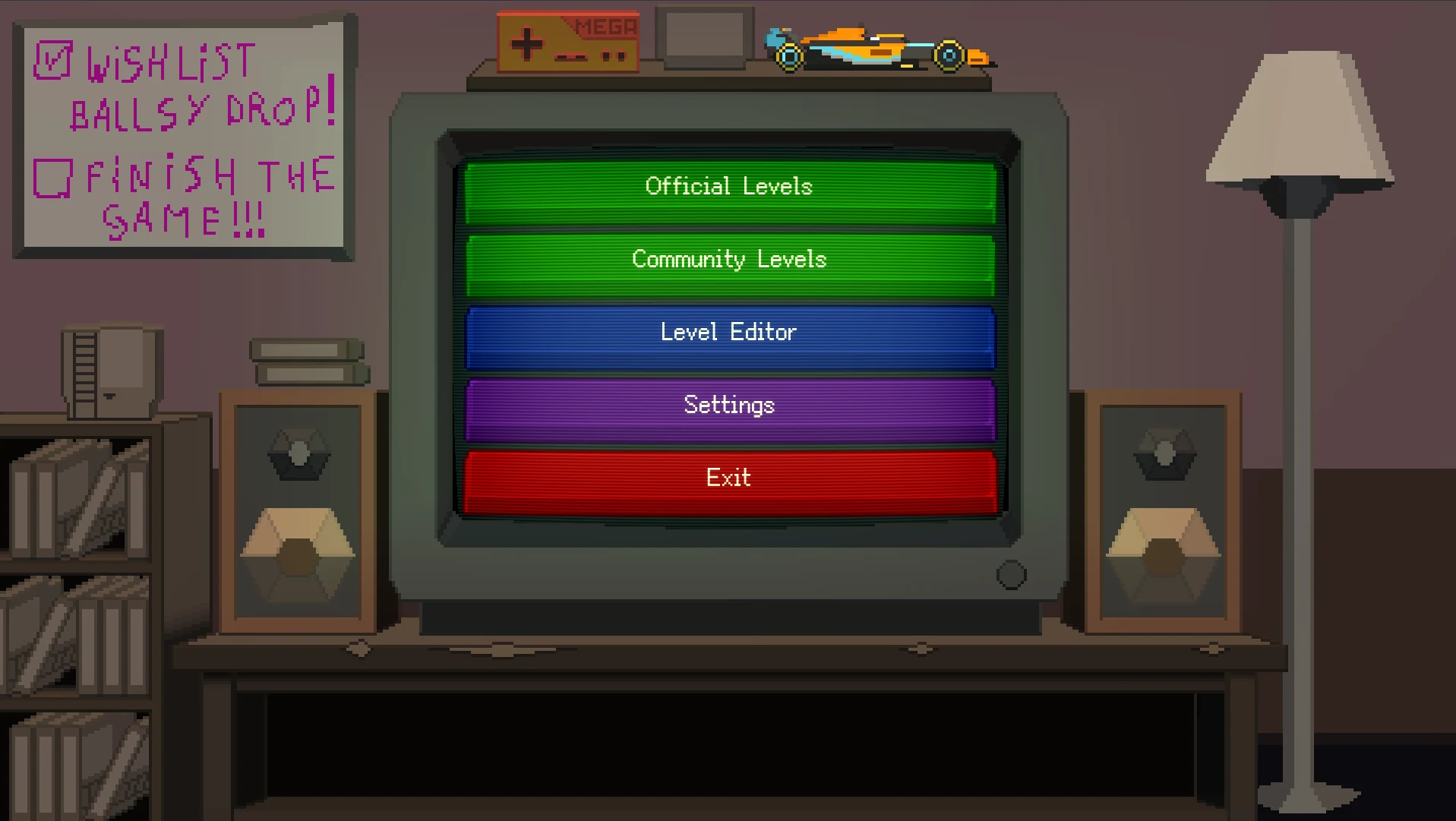 The main menu, shown on a CRT TV in a cosy pixel-art living room